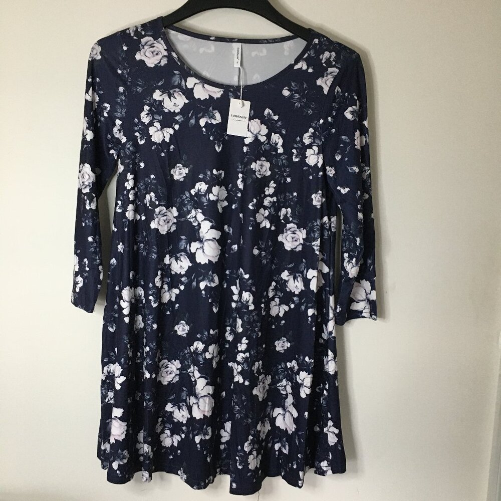 ENMAIN Women' Tops 3/4 Sleeve Tunics, Casual Loose Blouses , Navy blue &Floral S